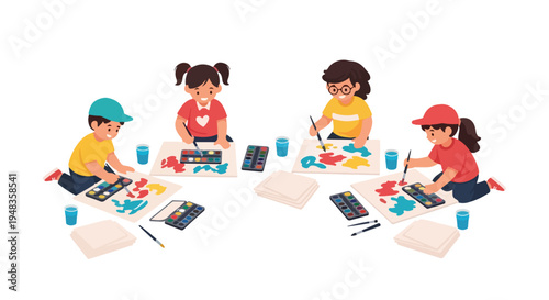 Four happy children are engrossed in painting with watercolors, brushes, and paper, fostering creativity in a learning environment.
