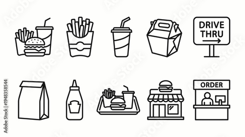 A transparent PNG collection showcasing simple line art icons of fast food meals, drive thru signs, and restaurant takeout services