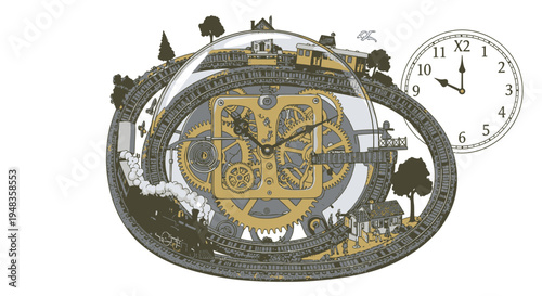 Steampunk Time Machine Concept with Train and Clockwork Mechanism