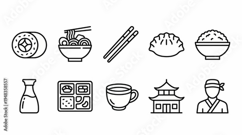 Japanese food and culture line icons set isolated on transparent background PNG