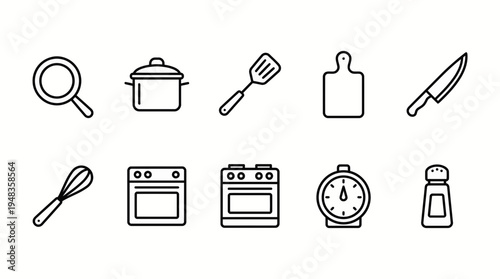 A comprehensive set of simple outline kitchen tools, cooking utensils, and appliances, presented transparently and isolated for various design uses