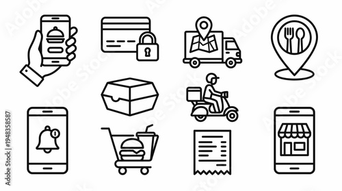 A collection of outline icons illustrating the complete process of online food ordering, secure payment, and delivery services on transparent PNG