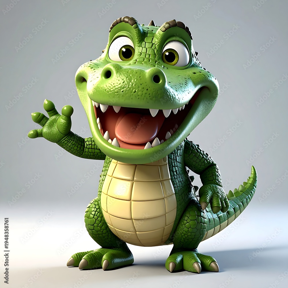 Fototapeta premium Cheerful green cartoon alligator waving, with a beige tiled belly