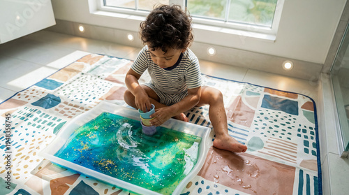 Toddler boy sitting on floor mat playing with sensory water bin messy play early childhood education development domestic lifestyle learning