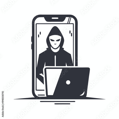 Digital crime concept: Hacker silhouette emerges from a smartphone screen, cyber attack danger