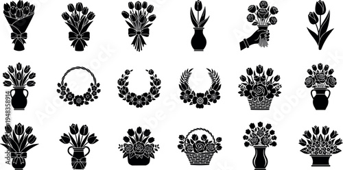 Flower bouquet silhouettes set including tulip vase rose basket and floral wreath icons for wedding decoration gift and florist shop branding