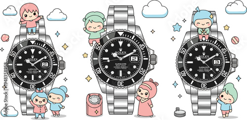 Kawaii Watch Illustrations with Cute Characters, Stars, and Clouds for Playful and Trendy Accessories