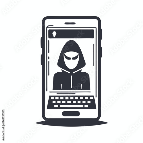 Smartphone screen with hacker silhouette, representing cyber attack and digital security risk