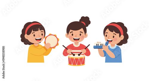 Three cheerful cartoon children play musical instruments, with one shaking a tambourine, another drumming, and the third playing a melodica.