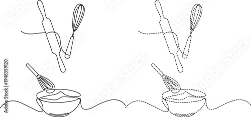 Minimalist continuous line art illustrations of baking tools like whisks bowls and rolling pins Vector