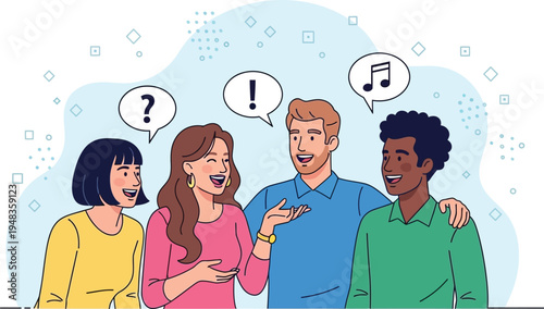 Four diverse people converse animatedly using speech bubbles with symbols.