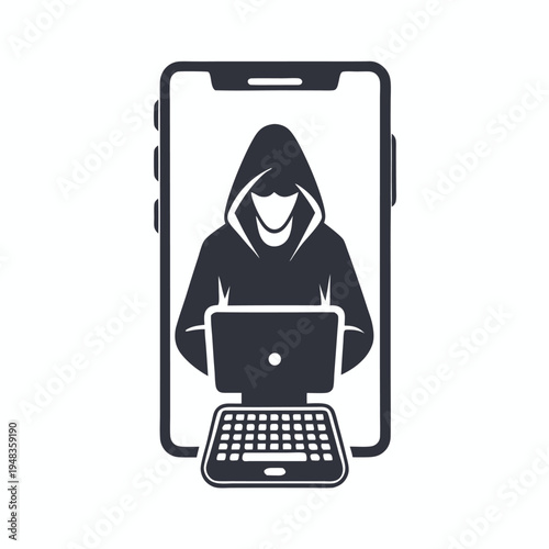 Digital vulnerability: Hacker silhouette emerging from a smartphone, cybersecurity threat concept