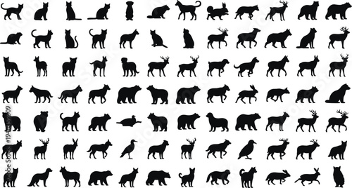 Black animal silhouette mega set with domestic cats dogs and wild bears deer and wolves in various poses isolated on white background for vector design
