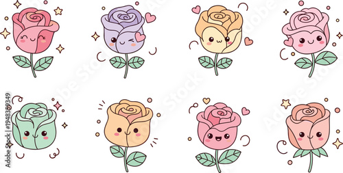 Kawaii Rose Flower Illustrations in Pink, Purple, and Yellow with Cute Faces, Hearts, and Sparkles for Spring Designs