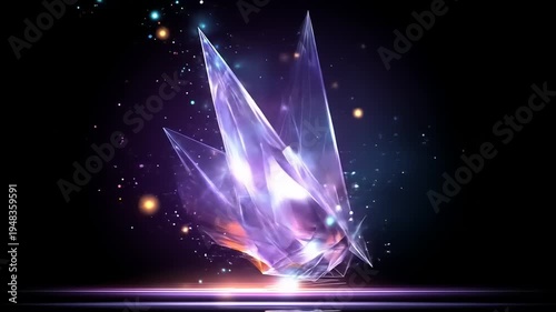 A glowing, crystalline structure floats in a dark space, illuminated with particles