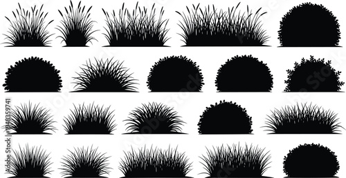 Black grass and shrub silhouette set with various meadow tufts garden bushes and field greenery isolated on white background for landscape nature vector design