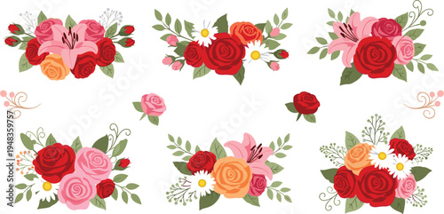 Colorful Rose Flower Bouquets with Pink, Red, and Orange Blooms, Daisies, and Green Leaves for Elegant Floral Arrangements
