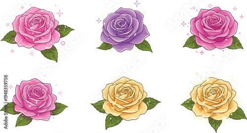 Sparkling Rose Flower Illustrations in Pink, Purple, and Yellow with Leaves and Soft Glowing Effects