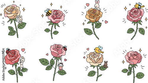 Kawaii Rose Flower Illustrations with Cute Animals, Bees, and Hearts in Soft Pink, Yellow, and Brown Tones
