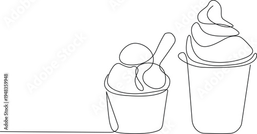Minimalist continuous line drawing of a scoop of ice cream and a soft serve in a paper cup design Vector