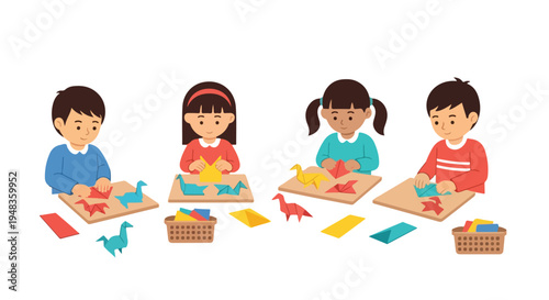 Four diverse children are happily engaged in an arts and crafts activity, sitting at small tables and diligently folding colorful paper to create origami birds.