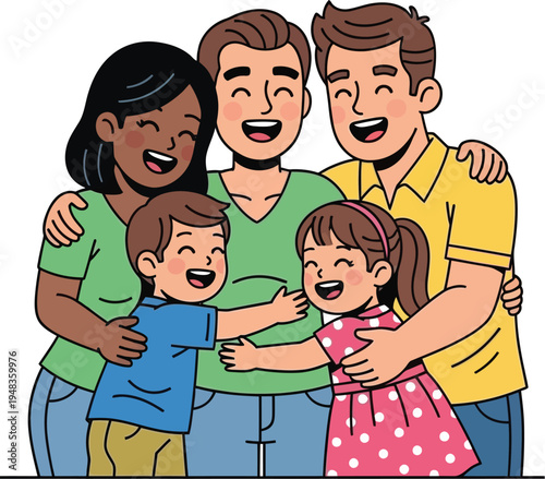 Diverse family unit embraces happily with two smiling children.