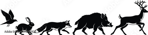 Black Vector Illustrations of Woodland Wildlife Animals Including Flying Bird Running Rabbit Red Fox Wild Boar and Male Deer Isolated on White Background