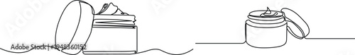 Minimalist continuous line art illustration featuring two open jars of cosmetic beauty cream skin Vector