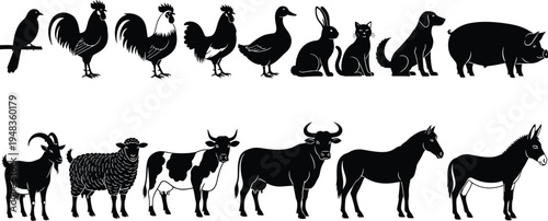 Black Vector Silhouettes of Domestic Farm Animals Including Cow Horse Pig Sheep Goat Dog Cat Rabbit Chicken and Duck Isolated on a White Background