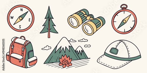 hiking and camping icons with compass and mountain Vector