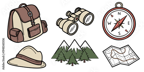 a set of hiking and navigation objects for outdoor adventure Vector