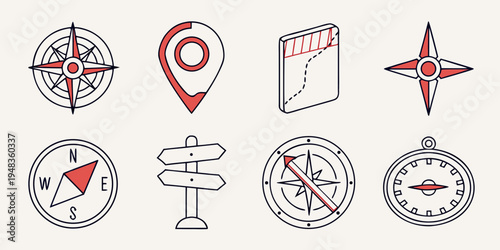 various navigation icons and symbols for mapping Vector