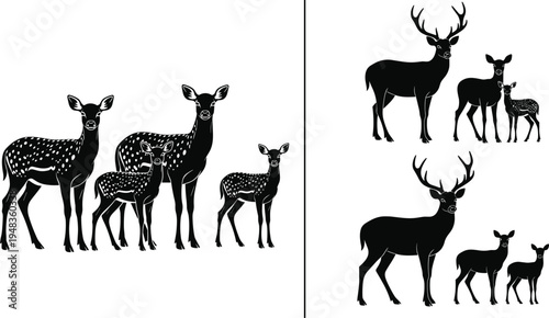 Collection of black deer silhouettes including majestic bucks with antlers does and young fawns in various standing poses isolated on a clean white background vectorb