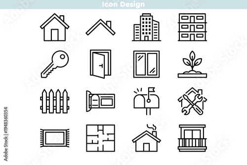 Set of icons featuring outline real estate symbols. Linear house, roof, apartment, and floor plan elements. Modern architecture and property management graphics for web vector design.