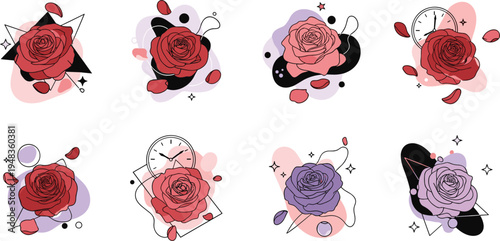 Abstract Rose Flower Illustrations in Red and Purple with Geometric Shapes and Playful Elements for Contemporary Design