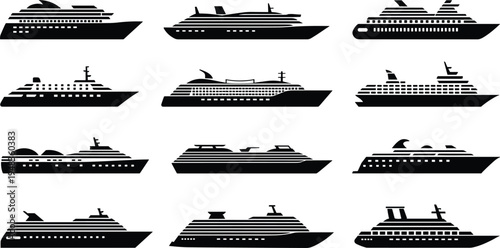 Large collection of cruise ship and luxury yacht silhouettes featuring side view vessel outlines isolated on white background vector illustration for maritime travel and nautical transport logo design