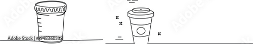A simple black and white line drawing showing a graduated specimen container and a coffee cup Vector
