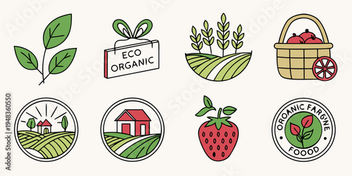 collection of farm and garden icons including strawberry and basket Vector