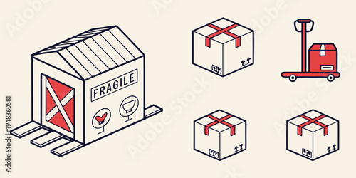 a warehouse with boxes and a pallet jack Vector