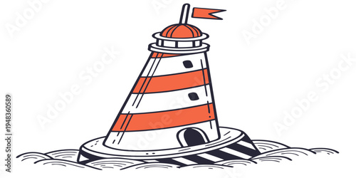 a small red and white lighthouse on a rocky shore Vector