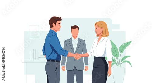 Two business professionals, a man and a woman, shake hands while a third man stands between them in a minimalist office environment.