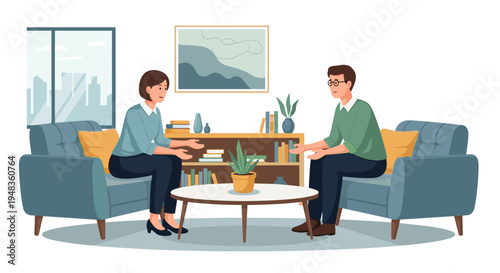 A man and a woman are seated on blue armchairs, conversing across a coffee table with a plant, in a room featuring a window and a bookshelf.