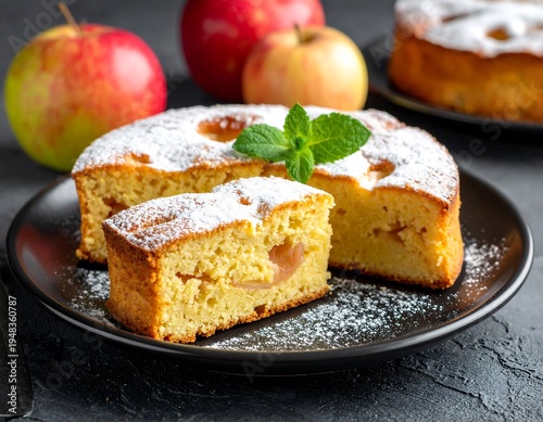 Apple cake on a dark plate