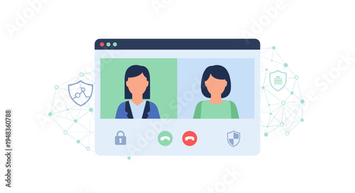 A video call interface displaying two women's busts and call controls is surrounded by a network of security and data icons.