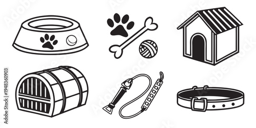 black and white line drawing of dog related items Vector