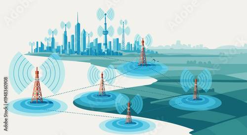 A modern city skyline with communication towers emitting wireless signals connects to multiple freestanding towers across an expansive landscape.
