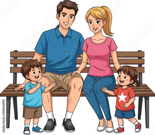 Parents and two children sit together happily on a wooden park bench.