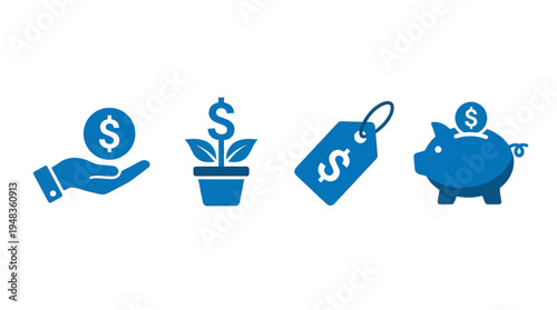Blue icons of saving money and financial growth on white background for business concepts