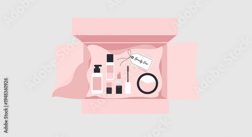 Open pink box with beauty products: bottles, lipstick, mascara, powder on grey.