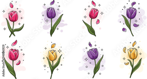Vibrant Tulip Flower Illustrations in Pink, Purple, and Yellow with Petals, Sparkles, and Soft Watercolor Backgrounds